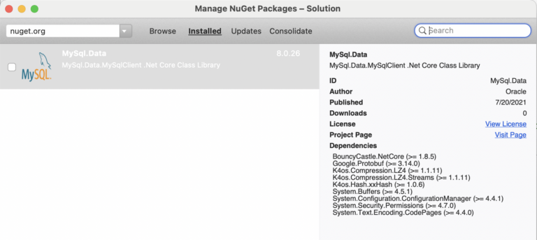 add mysql dependency (visual studio for Mac OS (unavailable from 2024 and onwards)