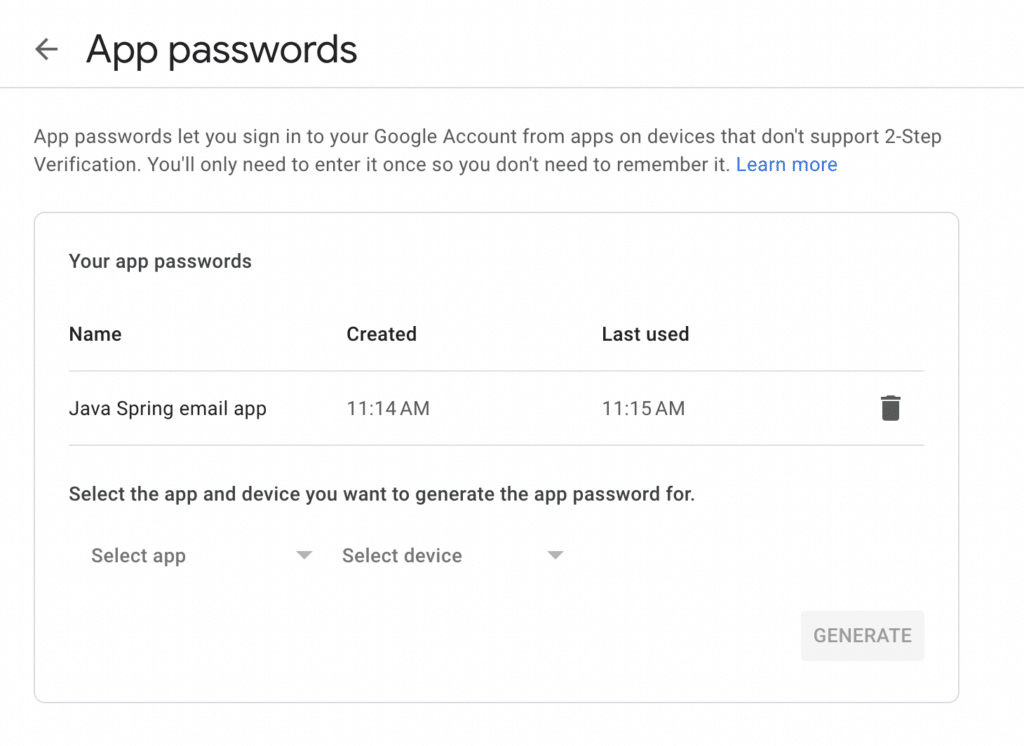 Current Google App passwords