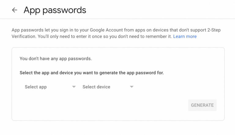 Google app passwords