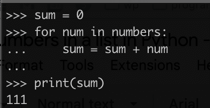 sum of numbers using for loop list python