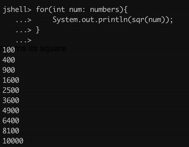 for loop in jshell example 2