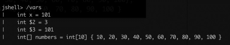 list of all variables declared in jshell example