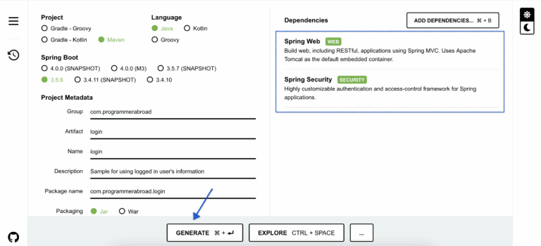 spring initializer for login project
